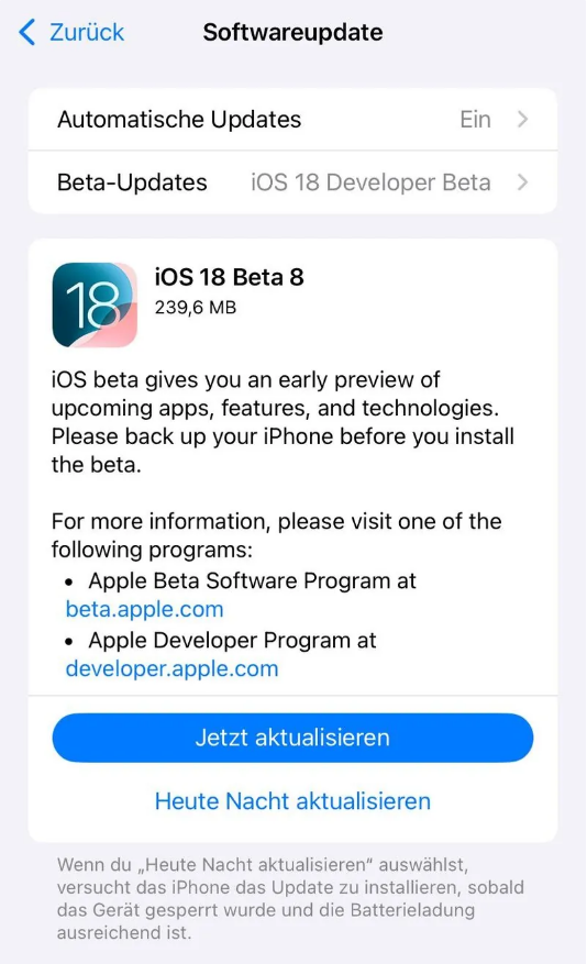 沙田镇苹果手机维修分享苹果 iOS / iPadOS 18 开发者预览版 Beta 8 发布 